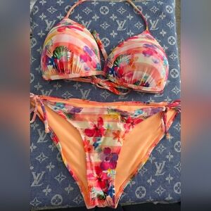 Ocean Pacific Floral Monogram Bikini With Vibrant Orange and Pink